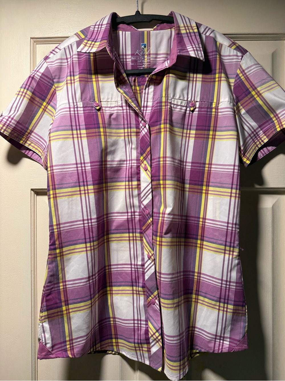 KÜHL Women’s Medium Plaid Short Sleeve Button Down Hiking Shirt Purple